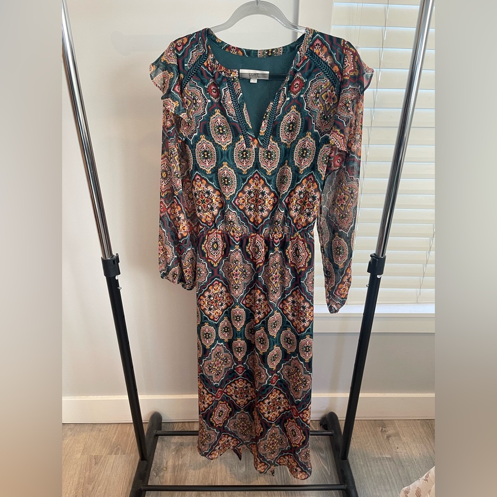 Loft Printed Teal Long Sleeve Maxi Dress with Elastic Waist